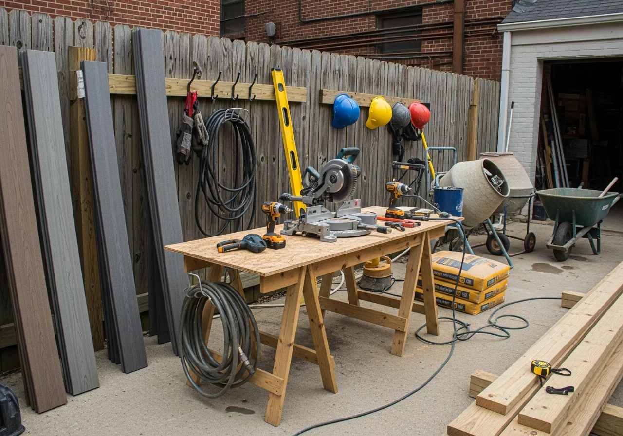 Crew of professional contractors with tools and materials on a residential deck project site.