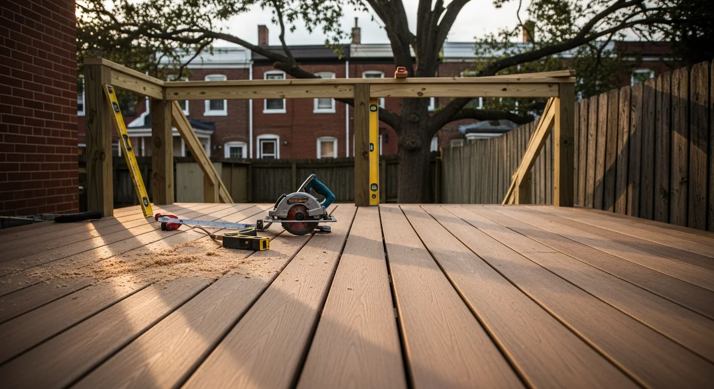 Man working on wooden deck construction in Baltimore