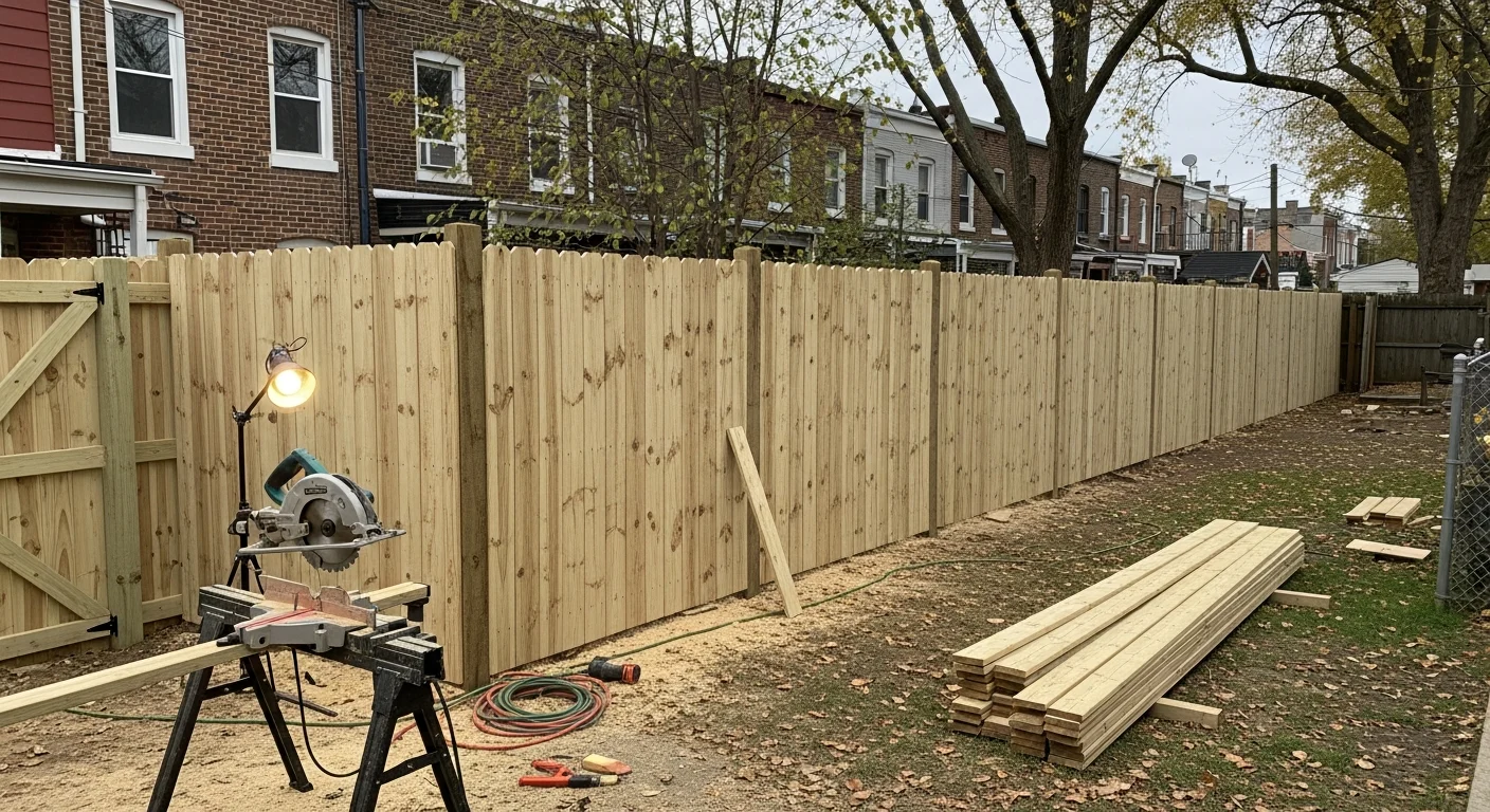 Wooden fence installation along residential property