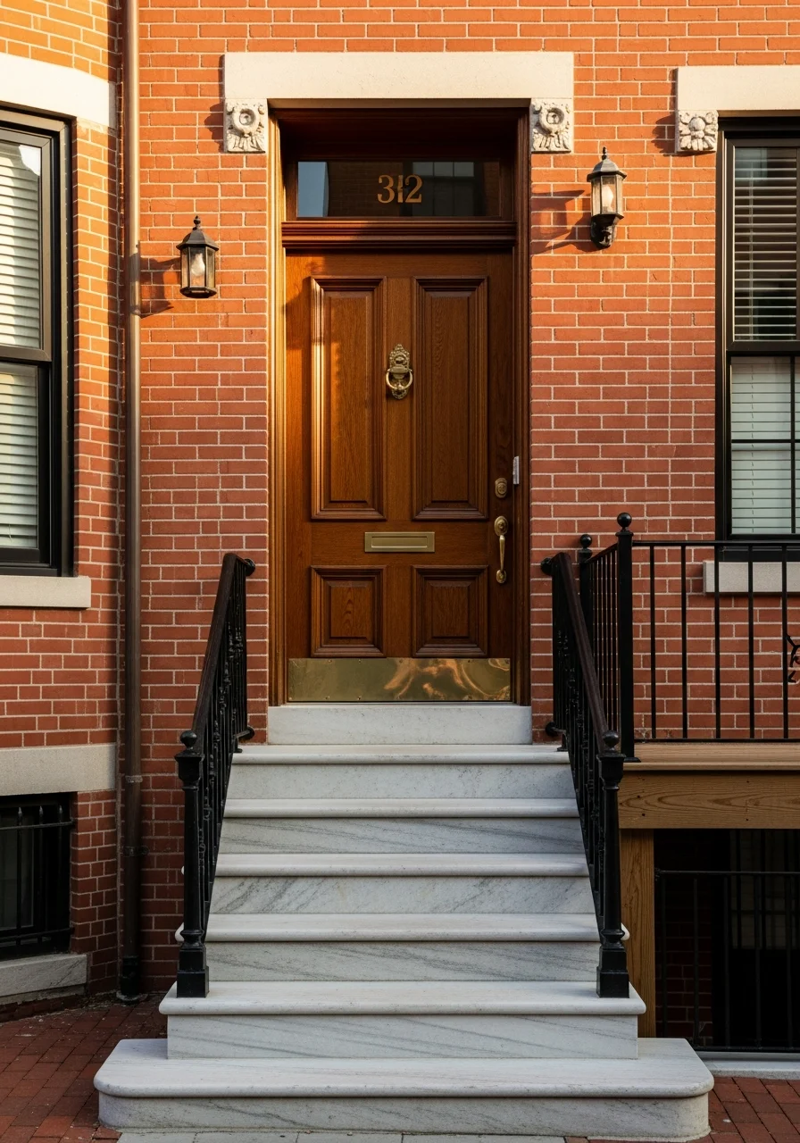 Close-up of a restored rowhouse entrance with traditional Baltimore architectural details.