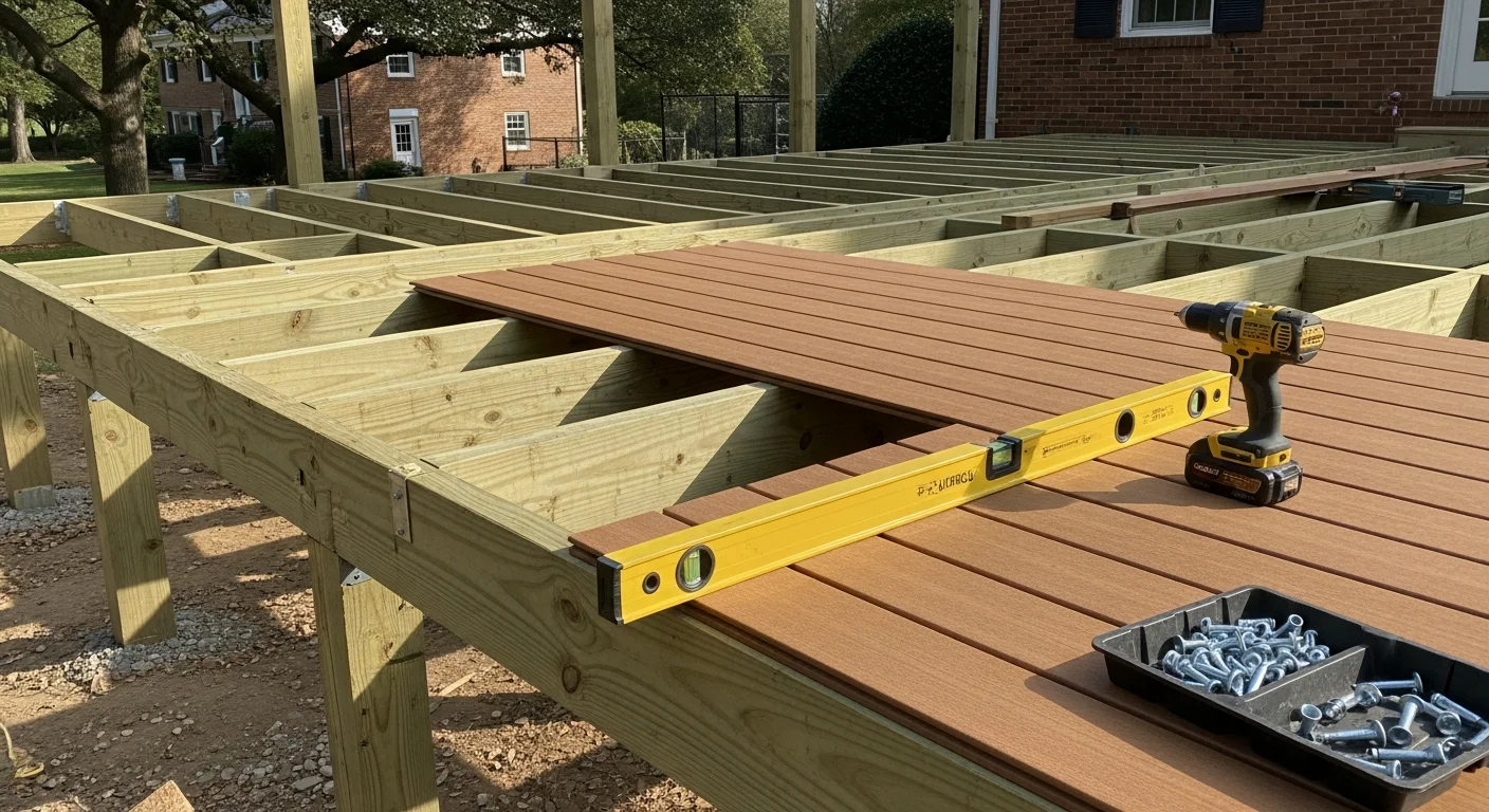 A newly installed composite deck on the back of a two-story colonial home in Ellicott City, Maryland, with wood-tone boards, black metal railings, and steps leading to a sloped backyard. The deck is photographed in natural daylight showing the finished framing and railing detail.