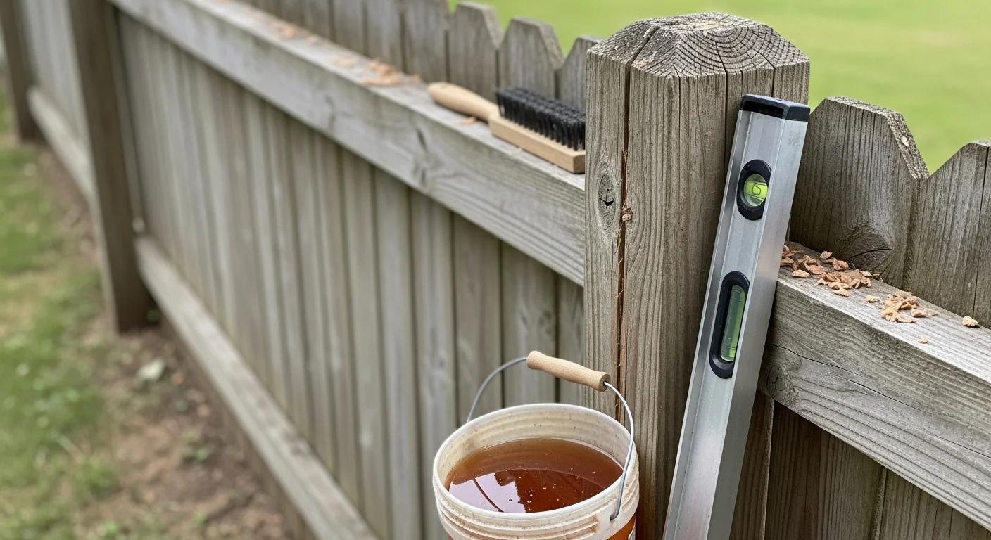 A wood fence along a residential backyard in Ellicott City, Maryland, showing freshly cleaned and re-secured boards with a straight post line. A fence contractor inspects the gate hardware during a routine maintenance visit.